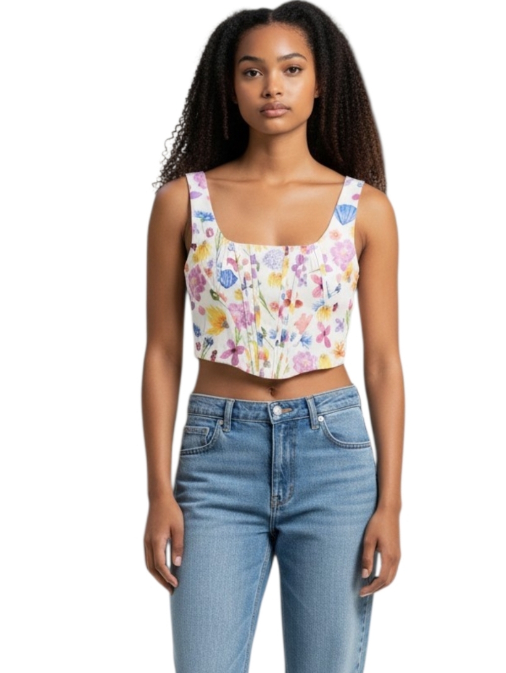 Kutumai Floral Square-Neck Cropped Tank Top - White Multi W/Stays Size Ptp 19"